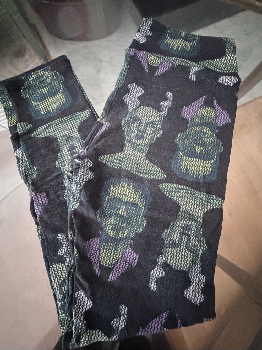 LuLaRoe Black Leggings with Green and Purple Classic Monster Pattern